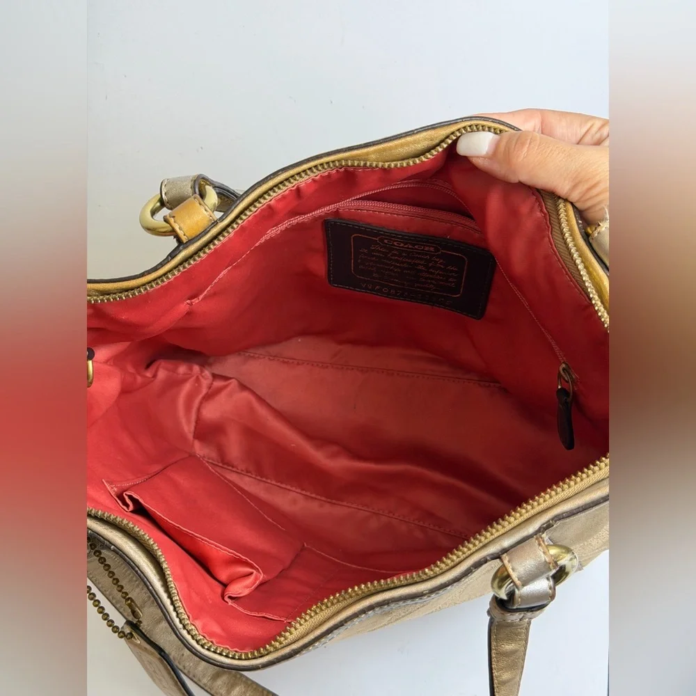 Coach Signature Stripe Studded Lurex Tote in a Gold Colorway - Picture 13 of 13